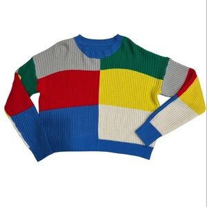 SHEIN Color Block Chunky Knit Sweater Cropped Boxy Fit